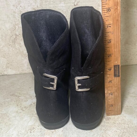 Black Faux Suede Slip On Ankle Boots With Buckle Detail & Rubber Sole - Picture 4 of 7